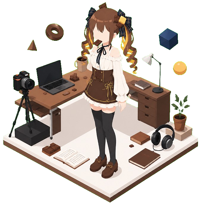 ちょこばたのアイソメトリックな作業空間。キャラクター、机、カメラ、本、チョコレートが描かれている。